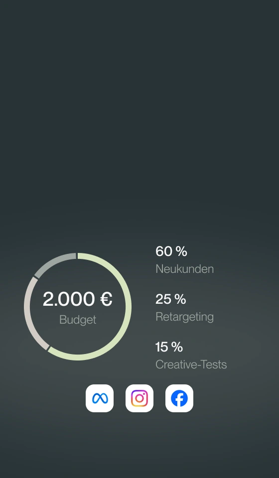 Budgetverteilung auf Neukunden, Retargeting und Creative-Tests mit Ringdiagramm und Legende.