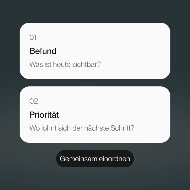 Zwei Karten verbinden einen sichtbaren Befund mit der nächsten Priorität.